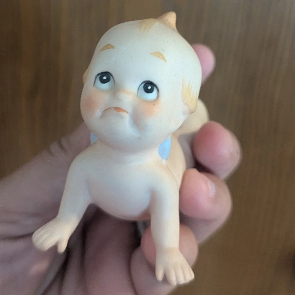 Two Vintage Bisque Porcelain Lefton Kewpie Figurines Grumpy Pouting Disgruntled